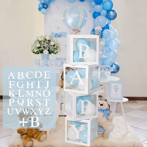 EASYCOMFORT Décorations fête d'anniversaire fête naissance pour garçons filles – 4Pcs boîtes à Ballons transparentes blanches avec lettres A-Z, boîtes à Ballons pour baby shower(DIY Nom Combinaison) (1/4)