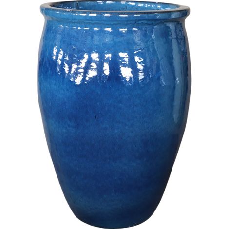 Pot grande taille d'extérieur BACCHUS 50x68cm bleu azur, fait main en terre cuite émaillée, résistant au gel