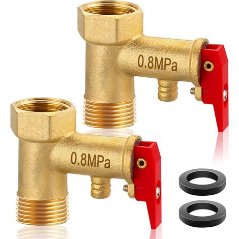 CCYKXA Set of 2 1/2" safety valves, 0.8 MPa brass, 1/2" IG x 1/2" AG safety valve for water heaters, water pressure relief valve diaphragm, pressure relief valve with sealing gasket (1/5)