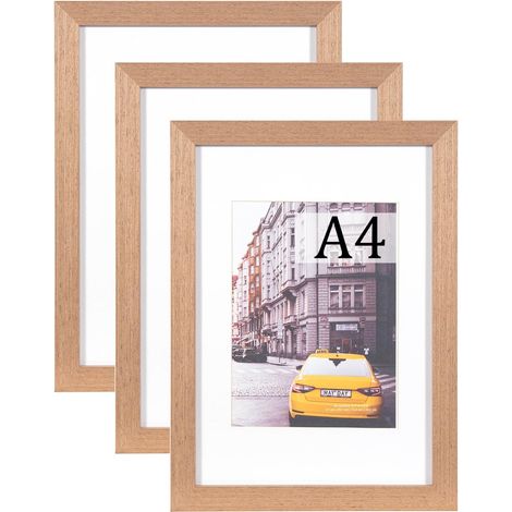 Lot de 3 cadres photo A4 en bois marron avec passe-partout - Cadre pour poster A4 - Cadre A4 à poser sur pied et à fixer au mur (1/5)