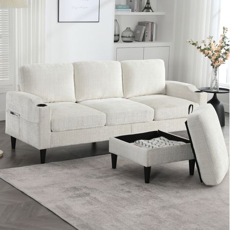 Divano 4 posti in chenille beige con pouf contenitore, portabicchieri e tasche laterali 196,5 cm