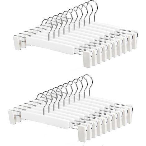 Juego de 20 perchas para pantalones y faldas, con 2 pinzas antideslizantes ajustables y ganchos giratorios de 360°, para pantalones, faldas, calcetines y ropa interior, color blanco.