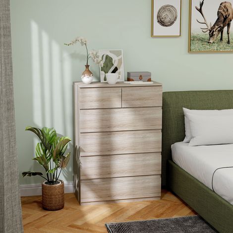 Commode 6 tiroirs meuble de rangement sans poignées design minimaliste 80 x 39 x 115 cm bois naturel (1/5)