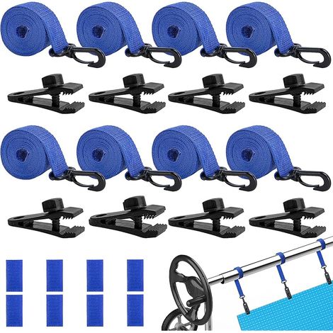 Enrouleur de piscine - Bandes de maintien - Lot de 8 bandes de fixation et pinces - Accessoires pour système d'enroulement mobile - Film solaire mobile pour bâches de piscine (bleu) (1/5)