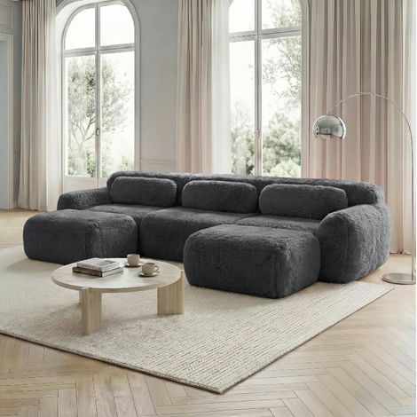 Divano modulare a U in tessuto peluche, senza montaggio, base antiscivolo, grigio OKWISH (1/5)