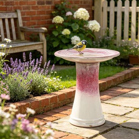 Fontaine à oiseaux en céramique faite à la main (Ø 43 cm, hauteur 45 cm), glaçure dégradée blanc-rosé avec motif en vagues, résistant aux intempéries et au gel, pour le jardin, la terrasse et le balco (1/5)