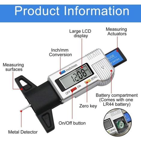 Jauge De Profondeur De Pneu - Écran LCD Numérique - Plage 0 À 25,4 Mm - Pour Contrôle Usure Profil Pneu Et Freins - Unité ×1 (1/4)