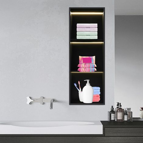 Edelstahl Wandnische mit LED-Licht, 3-Stufige Dusche Nische, Eingebettete Duschnische mit Regal, Unterputz Duschregal für Badezimmer, Küche, Toilette (Schwarz, 33,3x94,2cm-LED) (1/5)