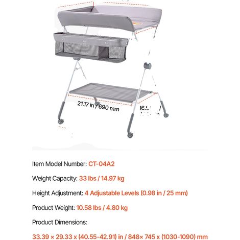 Cambiador, altura regulable, diseño plegable, color gris claro con forma de X. (1/2)