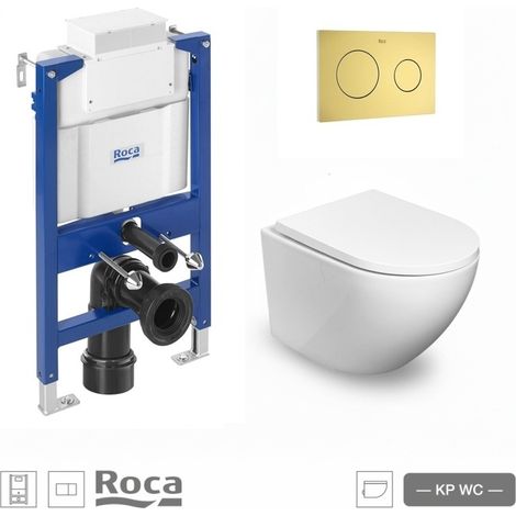 Pack WC Bastidor Roca Duplo Bajo Ventana + Inodoro Suspendido Round Smart 52 cm Blanco Soft-Close de Koller Pool con Pulsador PL10 Oro Cepillado (1/5)