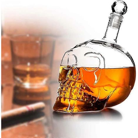 Bouteille en verre en forme de crâne de cristal de 350/500/1000 ml pour vodka, whisky, vin et spiritueux. Carafe en verre avec bouchon en liège en forme de crâne. (1/2)