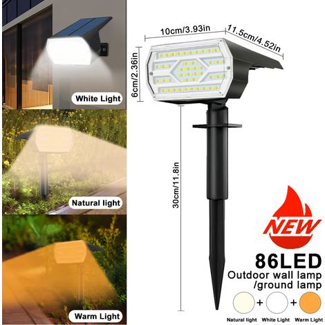 (4 spots solaires tricolores à 86 LED) - Étanche, pour jardin, aménagement paysager, 3 modes d'éclairage - Applique murale, porte, cour, garage, terrasse (1/5)