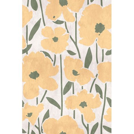 Papier peint panoramique vert, orange & blanc à motif tendance Tapisserie panoramique nature grandes fleurs Papier peint panoramique floral rétro (1/2)