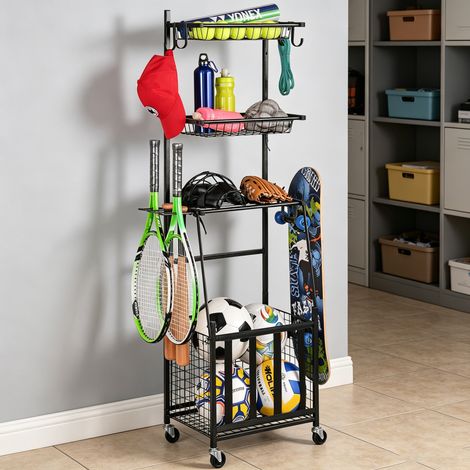 Chariot de rangement matériel sport 4 niveaux métal noir, tuyau carré épais, roulettes mobiles, rangement ballons basket‑football‑volley, maison‑terrain‑salle de sport (1/5)