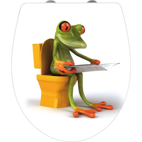 WENKO Premium WC-Sitz Hochglanz Acryl Frog News, aus antibakteriellem Duroplast, Absenkautomatik, Fix-Clip Hygiene Befestigung, Mehrfarbig, Duroplast weiß, Acryl mehrfarbig, Edelstahl rostfrei silber (1/5)