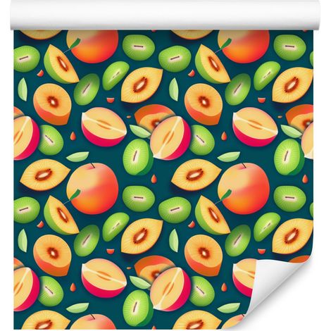 Carta da parati con motivo frutta estiva, turchese e verde, per soggiorno e camera da letto, 50x1000 cm. (1/4)