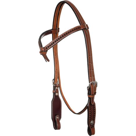 taglia unica, Chestnut: Testiera western in cuoio con frontalino a nodo e cuciture a contrasto modello x-stitch