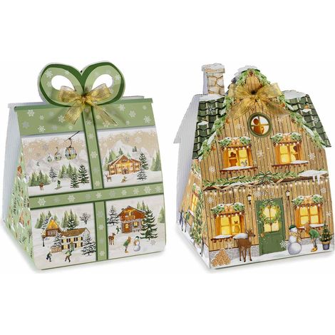 Boîtes de Noël paquet cadeau et maisonnette avec nœud, imprimé paysage enneigé, lot de 4, 28,5x25x H. 27 cm (avec nœud 38)