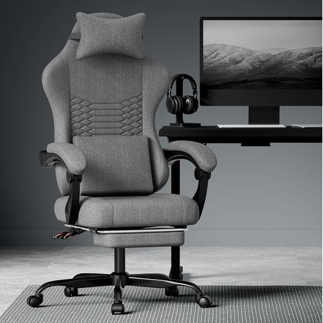 Silla de escritorio gaming de tela gris oscuro con reposacabezas y reposapiés DESVIAE (1/5)