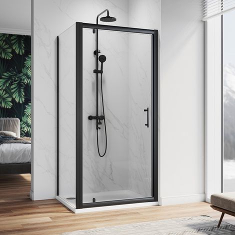 ELEGANT Pivot Hinge Shower Enclosure Black Frame Cubicle 6mm Glass Screen Shower Door 800mm + Side Panel 700mm (1/5)