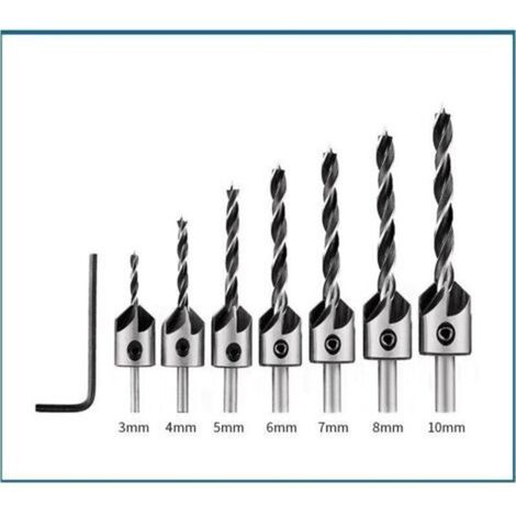 Set di punte da trapano a gradini per la lavorazione del legno, foratura a punta fissa, elevata durezza, 3-10 mm, smussatura, per la lavorazione del legno naturale, set da 7 pezzi + chiave, sacchetto 