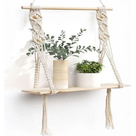 Étagère Murale en Bois avec Corde Flottante pour Plantes Intérieur Extérieur Décoration Rangement (1/4)
