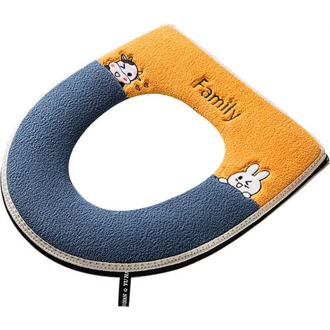 Tapis de toilette ultra doux avec broderie dessin animé chaleureuse, coussin de siège de toilette été/hiver, chauffe-serviettes avec poignée - Bleu (1/5)