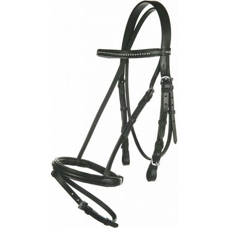 pony, Schwarz 9100: Englisches Lederzaumzeug mit strassbesetztem Stirnband und Canvas-Zügeln (1/3)