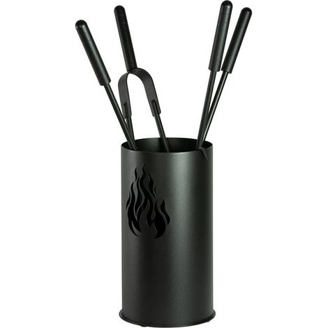 Porta attrezzi camino fiamma acciaio nero 4 accessori h.60 d. 16 cm. Made in Italy