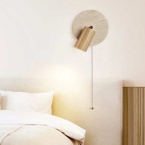 Applique murale décorative d'intérieur en travertin à lumière chaude — Spot de chevet rond, lampe de lecture avec interrupteur à tirette (1/5)