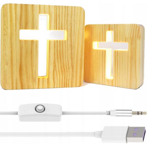 Lámpara LED 3D de madera con cruce y interruptor religioso (1/5)