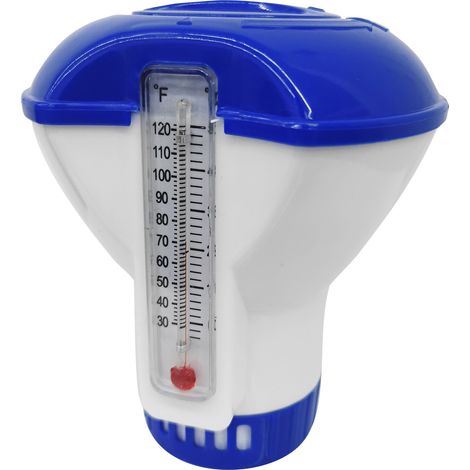 Distributeur flottant de 12,7 cm (5 pouces) pour pastilles de chlore de piscine et spa, avec thermomètre intégré (120 °F). (1/5)