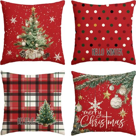 Fundas de cojín decorativas "Feliz Navidad" con abetos, copos de nieve y estrellas, 45 x 45 cm, adornos navideños, lunares rojos y cuadros, juego de 4 (1/5)