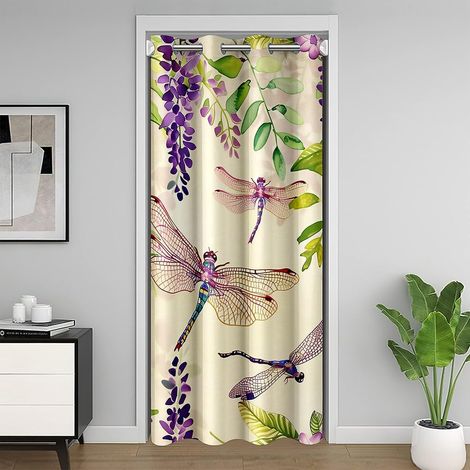 Fleurs Printanières Rideau Occultant Glycine Libellule Rideau de Porte Ferme Rustique Fleurs Violettes Libellule Rideau de Porte Vert Aquarelle Plantes Feuilles Rideau Occultant Rideaux,150x203 - 150x (1/5)