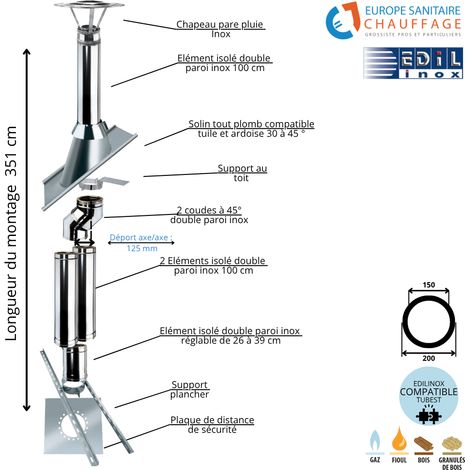 Kit conduit double paroi isolé dévoiement sortie toiture Ediliso25 Edilinox Diamètre 150 Version Déport : 12.5 cm Longueur 351 cm