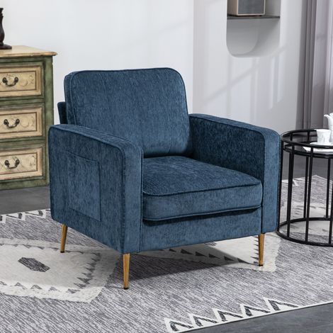 Poltrona in tessuto con gambe in acciaio color oro, molto comoda, con tasche laterali, per soggiorno, ufficio, camera da letto, blu (1/5)