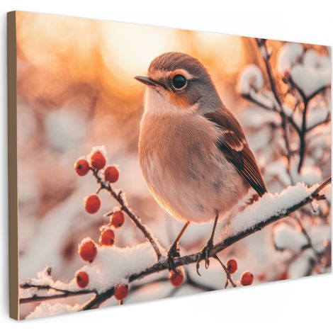 TABLEAU SUR TOILE Oiseau - Branche - Hiver - Animaux - Neige Toile Peinture Grand Format XXL 150x100 cm