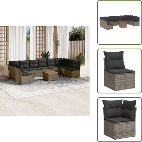 11-tlg. Garten-Sofagarnitur mit Kissen Grau Poly Rattan - Gartenmöbel Set - Outdoor Möbel - Rattan Sofa - Lounge Set - Esstisch (1/5)