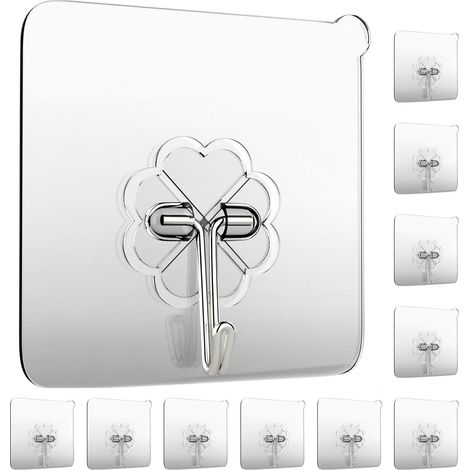 10 Pièces Crochet Adhésif, Transparent Pour Accroche Salle de Bain 15kg (max), Crochet Adhésif