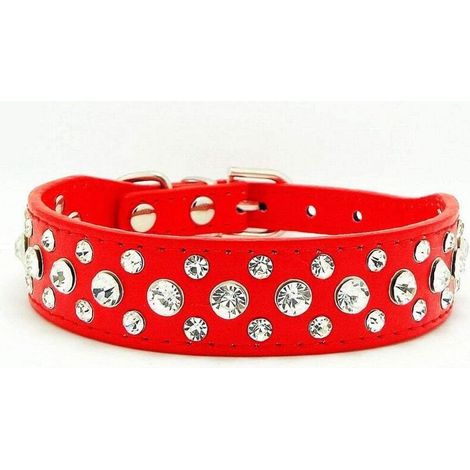 Hundehalsband aus Leder mit Strasssteinen (Rot, Größe M) - Fei Yu