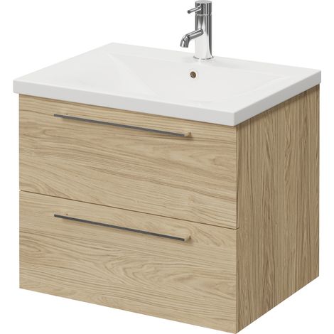 Napoli 460 Light Oak 600mm Wall Mounted 2 Drawer Vanity Unit with Glide Basin - 600mm - Chrome 320mm Handle
