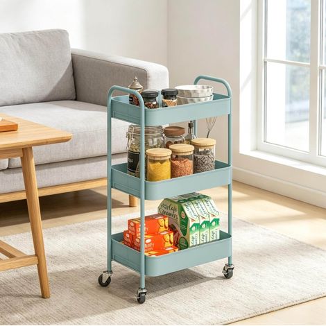 Desserte roulante 45x30,6x79 cm en acier bleu clair, 3 niveaux, rangement, gain de place – MEUBLIV (1/5)