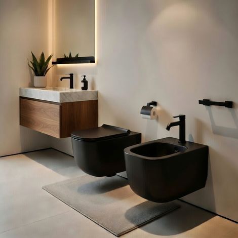 Sanitari sospesi WC e Bidet in Ceramica Copriwater soft-close Ceramiche Dolomite serie ALBA - Nero Opaco (1/5)