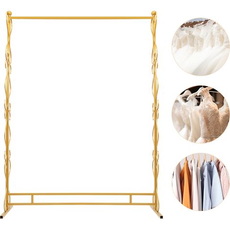 Tringle à vêtements solide en métal doré - Porte Manteau - Avec support - 205 x 150 cm - Pour manteaux, jupes, chemises, pulls, vêtements, vêtements de mariage et robe de mariée (1/5)