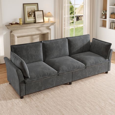 Canapé 3 places 220x81x87 cm avec coussins, accoudoirs ergonomiques, tissu chenille, pour salon, gris (1/5)