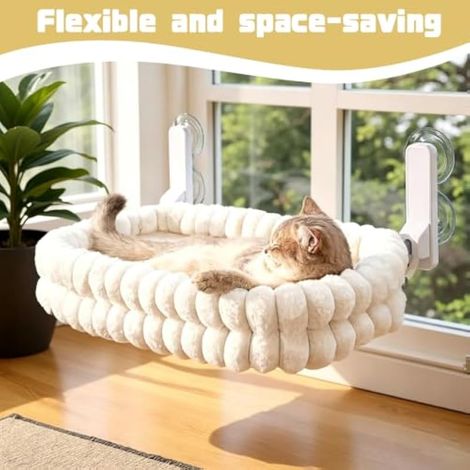 Chaise longue pour chat - Hamac souple pliable avec housse réversible amovible - 55 x 40 cm - Supporte jusqu'à 18 kg - Cadre en acier stable - Ventouses pour grands chats et chatons (blanc) (1/3)