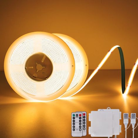 Lot de 2 bandes LED COB à piles - 2 m - Blanc chaud - Intensité variable - Flexible - Avec télécommande - 4 modes de minuterie - Pour chambre à coucher, cuisine, éclairage DIY (1/5)