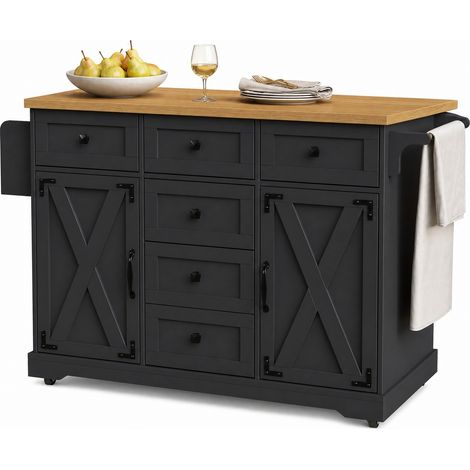 Isla de cocina multifuncional negra en MDF y metal con tablero efecto madera, 147 cm (1/5)