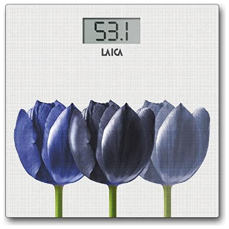 Laica PS1075 Bilancia Pesapersone Elettronica Vetro Temperato 6 mm Portata 180 Kg Display LCD colore Bianco Tulipani Blu (1/4)