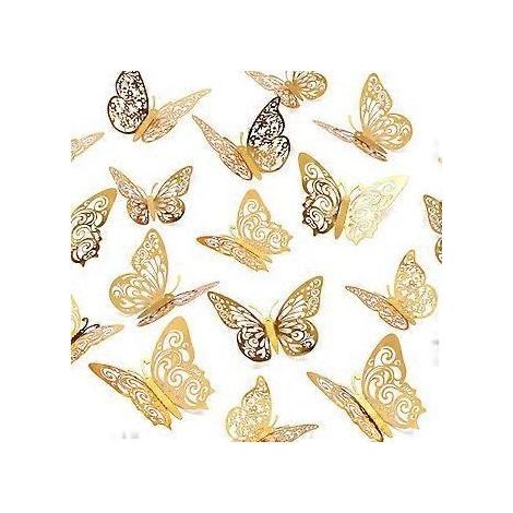 Stickers muraux papillons radieux, art en métal 3D avec moulage précis pour une décoration intérieure facile à appliquer, ensemble de 72 dorés avec pastilles adhésives double face. (1/3)